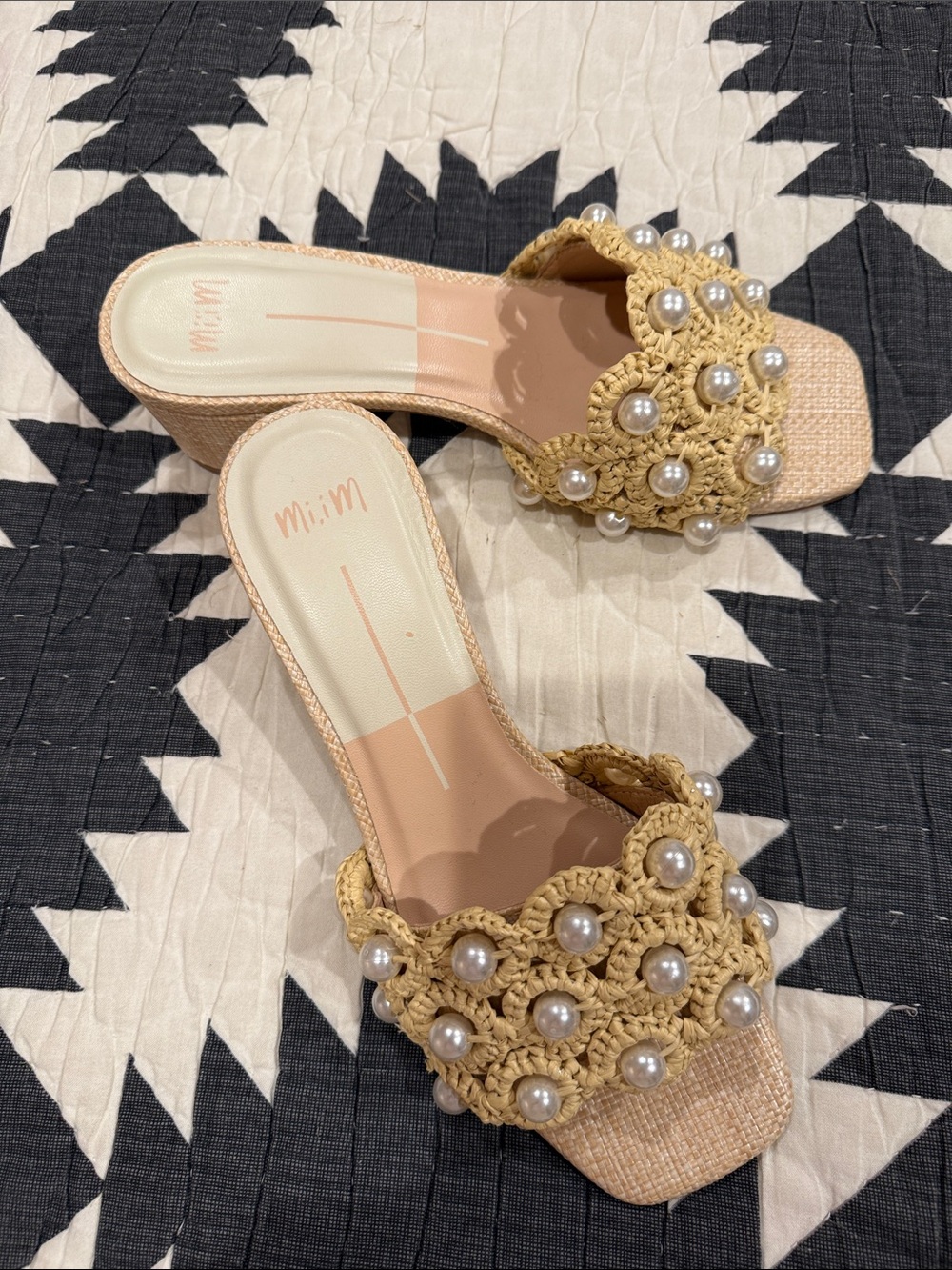 Mi.iM Yellow Crochet Slide Mules with Pearl Accents